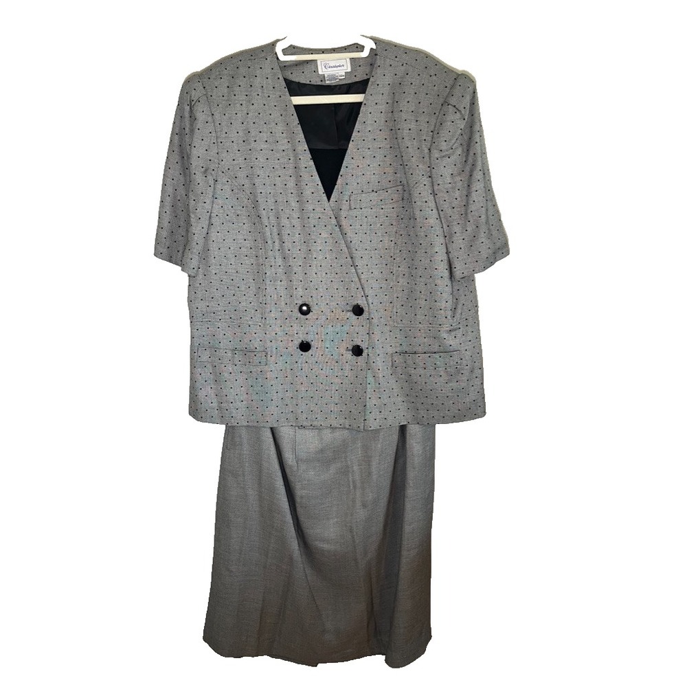 Vintage Polka Dot Suit Set 22W Gray Classic‎ Retro Mod Preppy Librarian Chic 80s